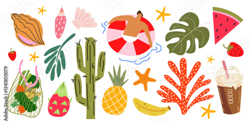 Summer beach tropical stickers. Cartoon vacation collection and beach elements. Summer trip, tropical fruits, sea corals, cold drink. Vector illustration
