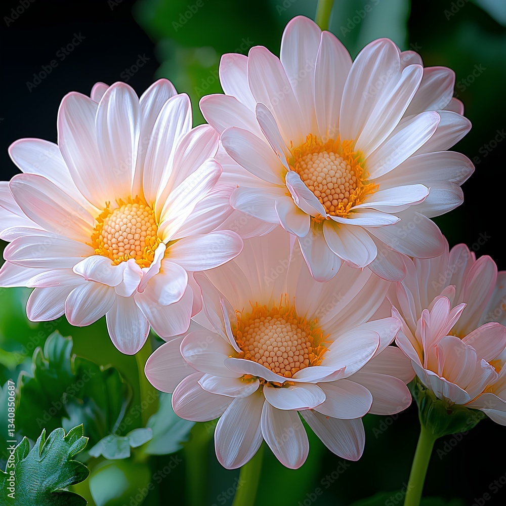 A group of white and yellow daisies with pink edges, green leaves, and pink foliage in the garden
