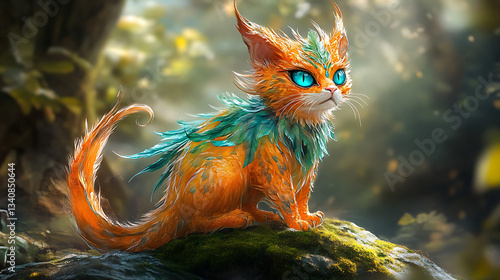 Fantasy dragon-cat hybrid, vibrant colors
