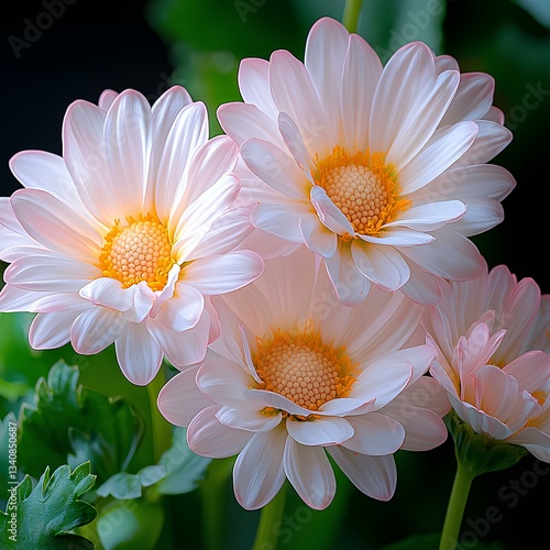 Obraz na płótnie A group of white and yellow daisies with pink edges, green leaves, and pink foliage in the garden w salonie