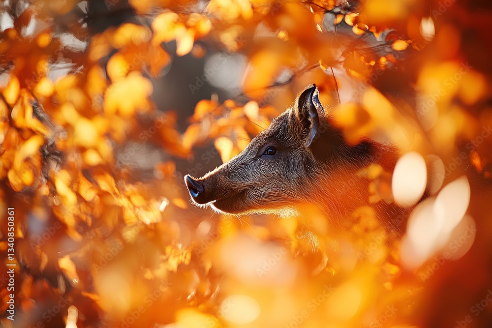 Stunning autumn bokeh photography captures a wild boar amidst vibrant fall foliage