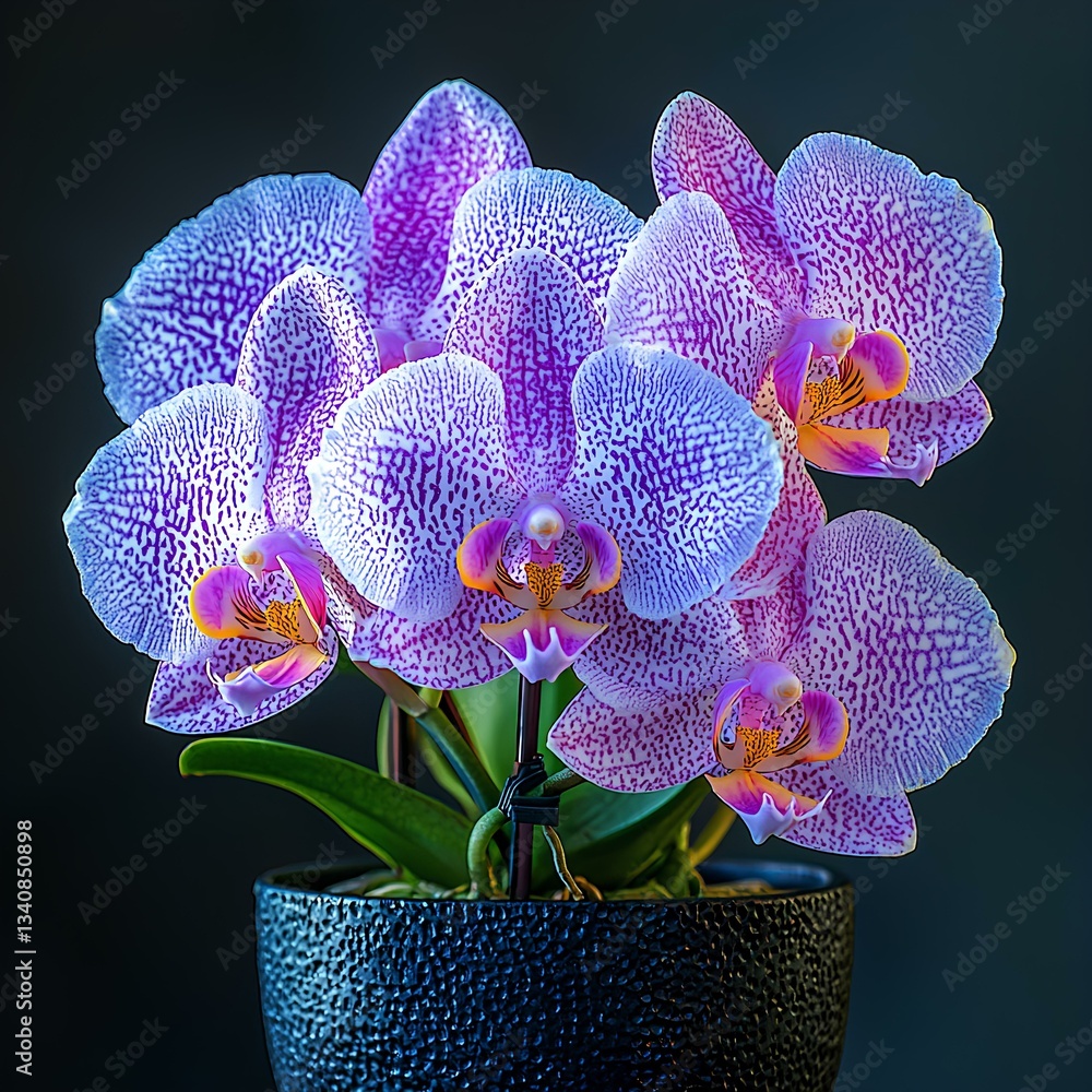 A purple Phalaenopsis orchid in a black pot, against a dark gray background