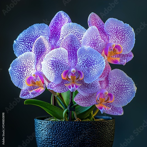 Obraz na płótnie A purple Phalaenopsis orchid in a black pot, against a dark gray background w salonie