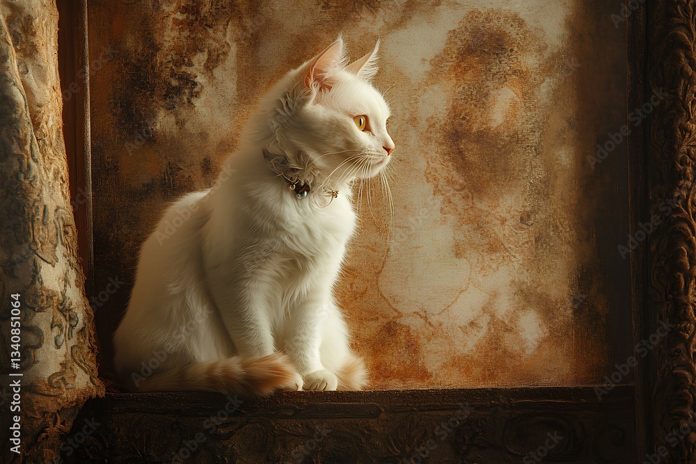 fluffy white cat, brown patches, delicate whiskers, against a warm brown backdro