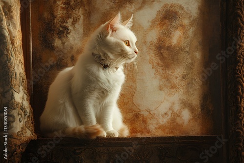 Obraz na płótnie fluffy white cat, brown patches, delicate whiskers, against a warm brown backdro w salonie