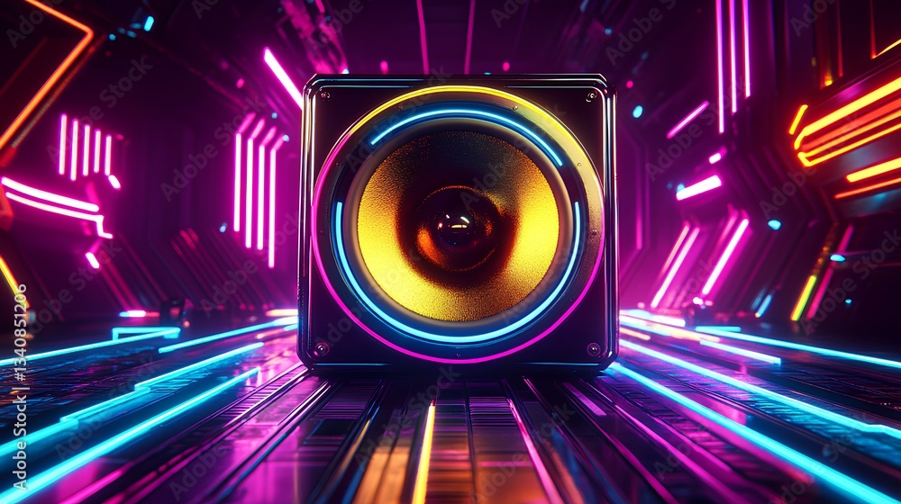 A futuristic, high-tech speaker viewed from the front, featuring a vibrant golden-yellow diaphragm with a glossy, metallic, and highly reflective surface