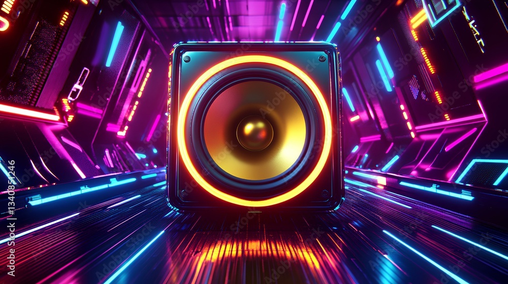 A futuristic, high-tech speaker viewed from the front, featuring a vibrant golden-yellow diaphragm with a glossy, metallic, and highly reflective surface