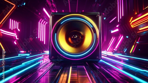 Obraz na płótnie A futuristic, high-tech speaker viewed from the front, featuring a vibrant golden-yellow diaphragm with a glossy, metallic, and highly reflective surface w salonie