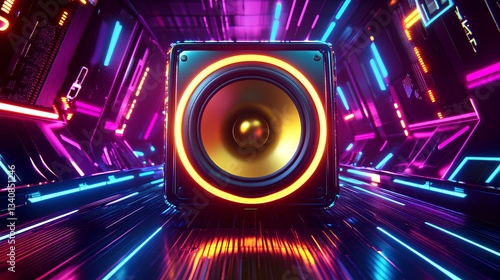 A futuristic, high-tech speaker viewed from the front, featuring a vibrant golden-yellow diaphragm with a glossy, metallic, and highly reflective surface 