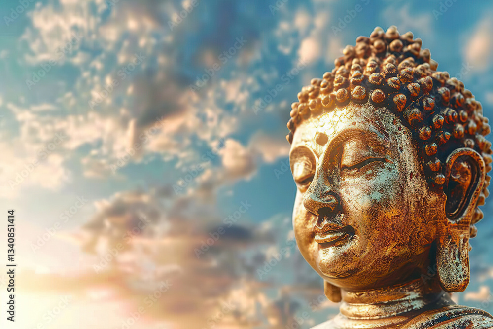 Ancient statue great Buddha on bright holiday composition, abstract vivid composition consists of fictional unreal fantastic vision on background Ancient statue great Buddha on bright holiday composition, abstract vivid composition consists of fictional unreal fantastic vision on background