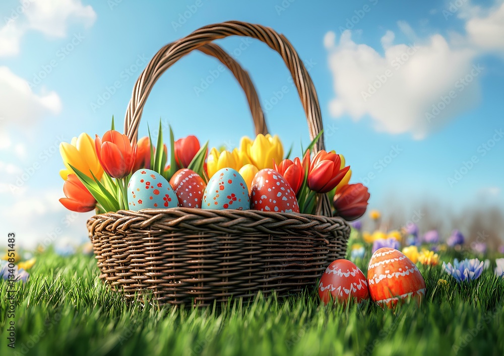 Easter basket with colorful eggs, tulips, and spring flowers on green grass against a blue sky background. Easter holiday concept