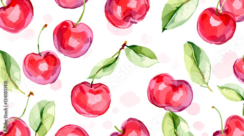 Watercolor red cherries on white background seamless vector pattern