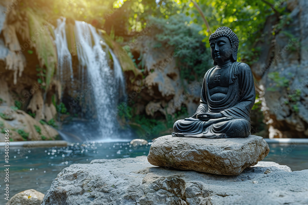 Ancient statue great Buddha on bright holiday composition, abstract vivid composition consists of fictional unreal fantastic vision on background Ancient statue great Buddha on bright holiday composition, abstract vivid composition consists of fictional unreal fantastic vision on background