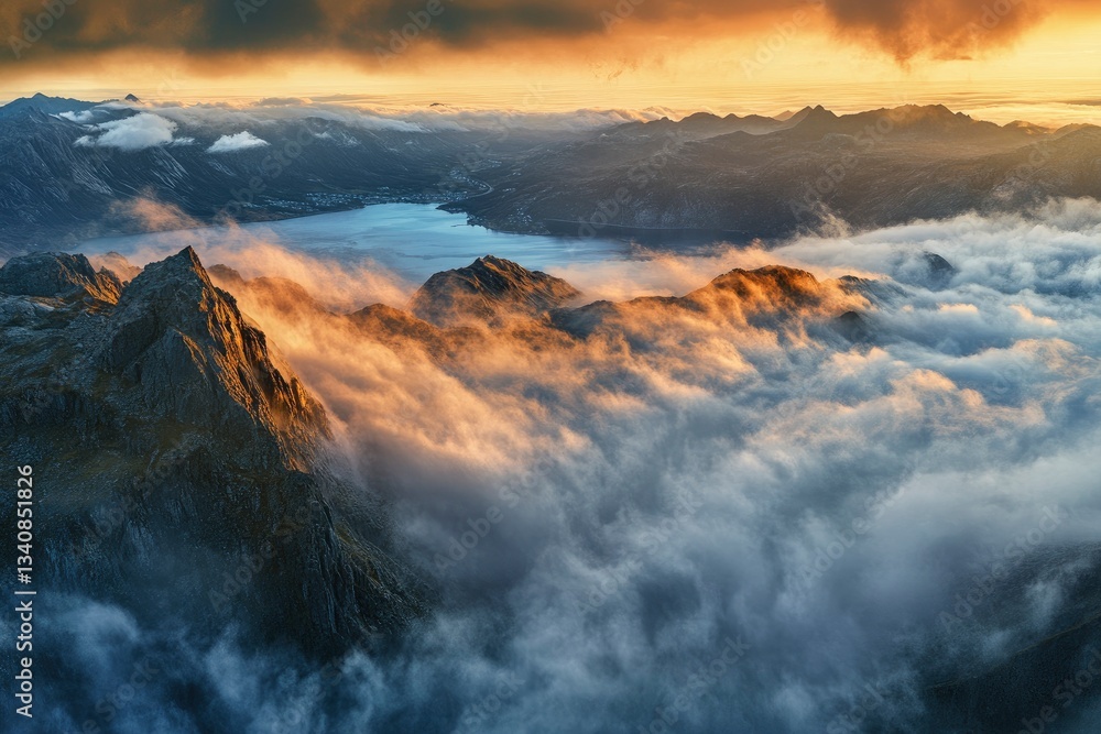 Fototapeta premium Mountain Peaks Emerging From Clouds at Sunrise Aerial View Landscape