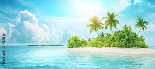 Tropical Island Paradise with Palm Trees and Blue Ocean Water View