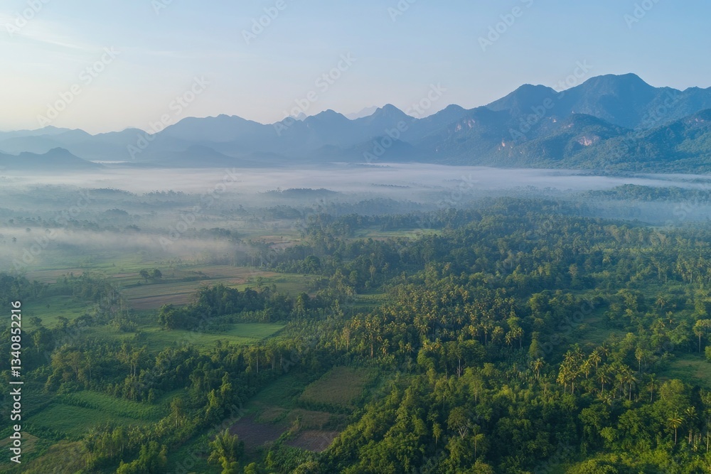 Fototapeta premium Aerial View of Misty Valley with Green Fields and Distant Mountains