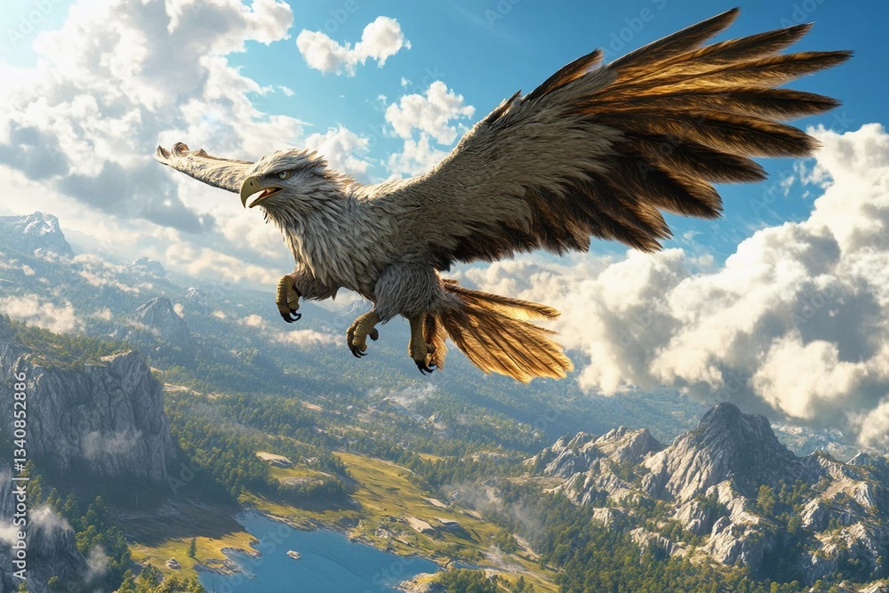 Fototapeta premium Majestic eagle soaring over a dramatic landscape with mountains and clouds