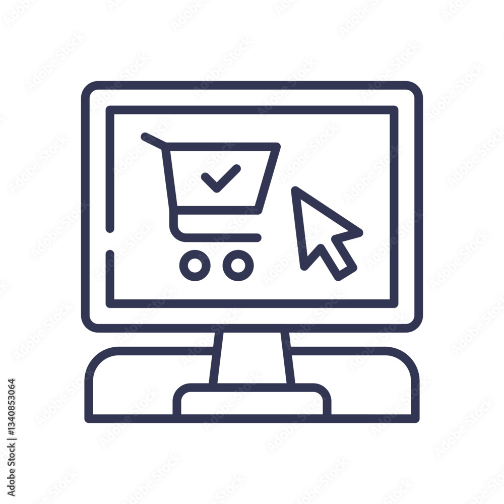 Monitor with shopping cart icon and cursor, symbolizing online shopping. Monitor with shopping cart icon and cursor, symbolizing online shopping.
