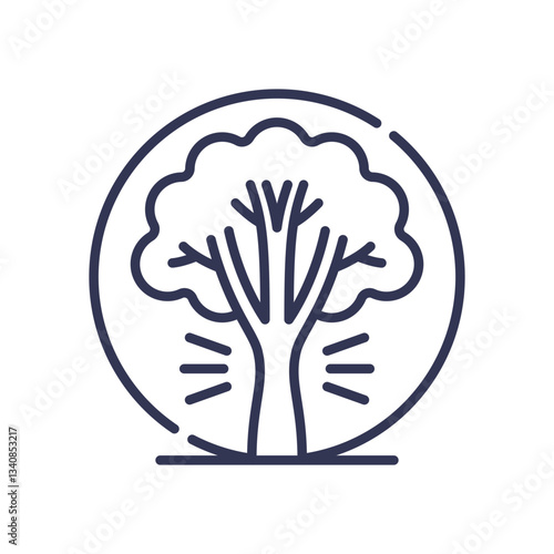 Line art of a tree within a circle, symbolizing growth and establishment.