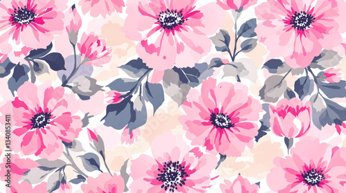 Watercolor floral seamless pattern with hand-painted blush pink flowers and green leaves on white background. Botanical print.