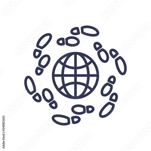 A globe surrounded by footprints symbolizes global exploration and travel.