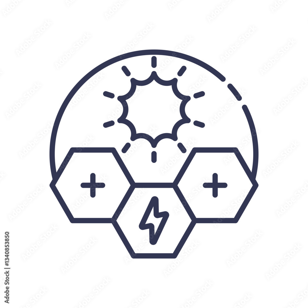 Sun and hexagons symbolize solar energy conversion and storage. Sun and hexagons symbolize solar energy conversion and storage.