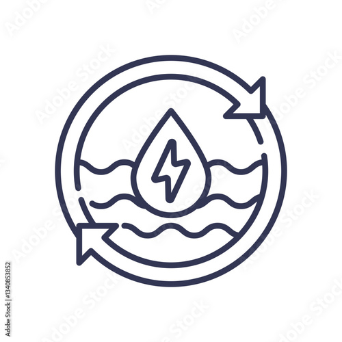 Water drop with energy symbol and arrows, symbolizing renewable water energy.