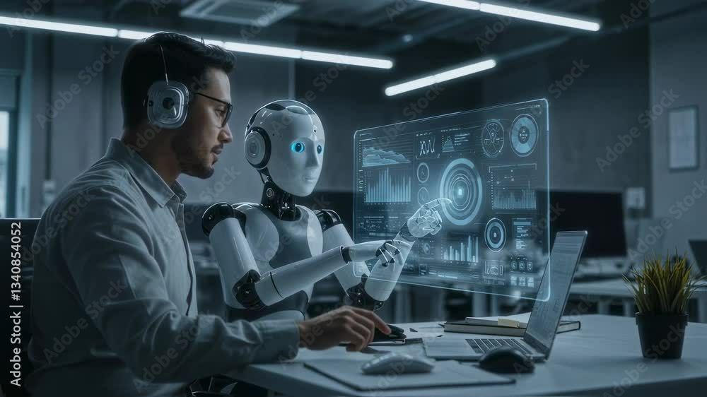 A human and a humanoid robot work at a computer with a holographic screen, representing collaboration between artificial intelligence and humans A human and a humanoid robot work at a computer with a holographic screen, representing collaboration between artificial intelligence and humans
