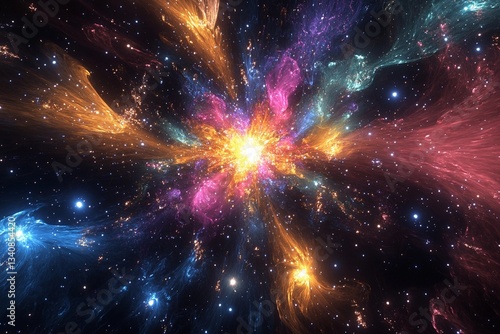 Cosmic explosion showcasing vibrant colors and swirling particles in deep space