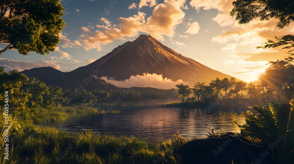 Fototapeta premium Mountain view with a wide lake, covered with beautiful white clouds. Mountain illustration for landscape wallpaper