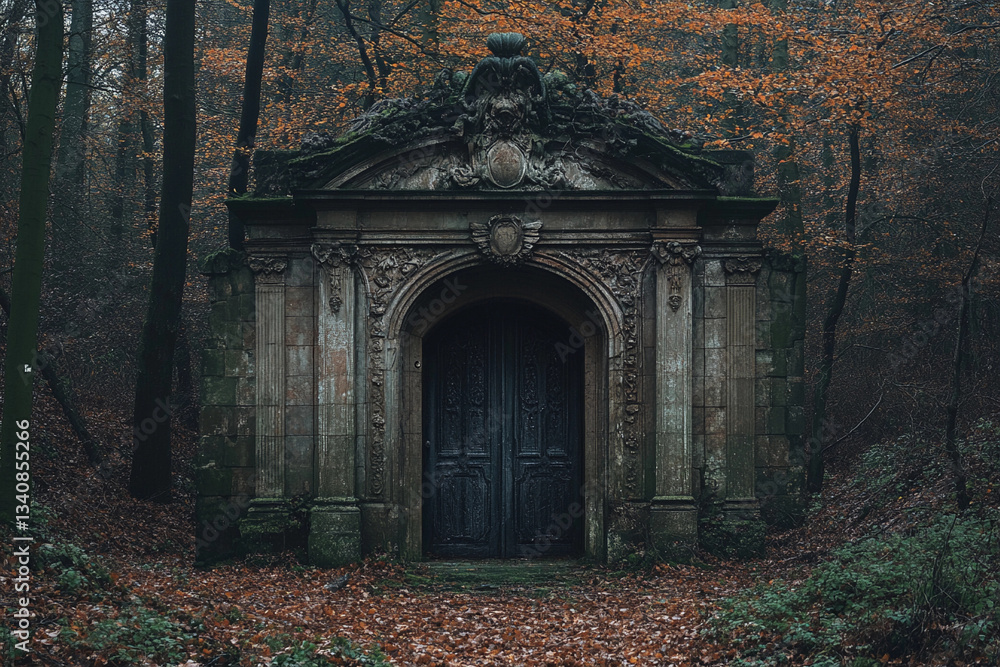 Fototapeta premium Mysterious stone gateway stands in a serene forest surrounded by tall trees on an overcast day