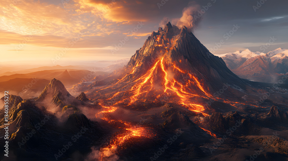 Fototapeta premium Volcano Mountain erupting with hot lava. Realistic mountain illustration for landscape wallpaper