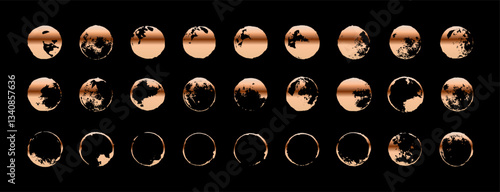 Rose gold circular shapes kit. Vector stain rings. Golden round shape collection. Grungy eroded polka dot pattern. Tiny small messy round shiny metallic stamps. Emblem, logo graphic elements