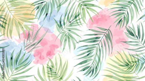 Watercolor pattern green leaves on white background