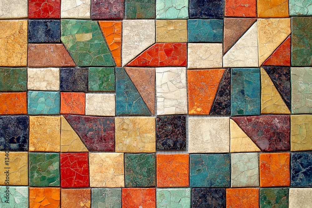 Colorful mosaic pattern featuring diverse geometric shapes in a vibrant design Colorful mosaic pattern featuring diverse geometric shapes in a vibrant design