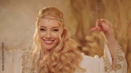 Elegant blond girl wearing special middle eastern dress looking at camera, dancing on vibrant dunes, moving slowly, arabic beauty with cultural heritage, sense of grace. High quality 4k footage