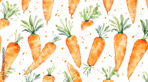 Vibrant watercolor carrot with green leaves on white background