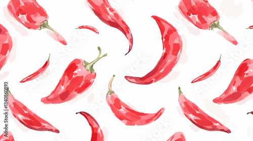  Watercolor pattern red pepper on white background 