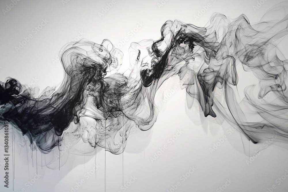 Fototapeta premium Elegant black smoke swirls create dynamic abstract patterns on a white background