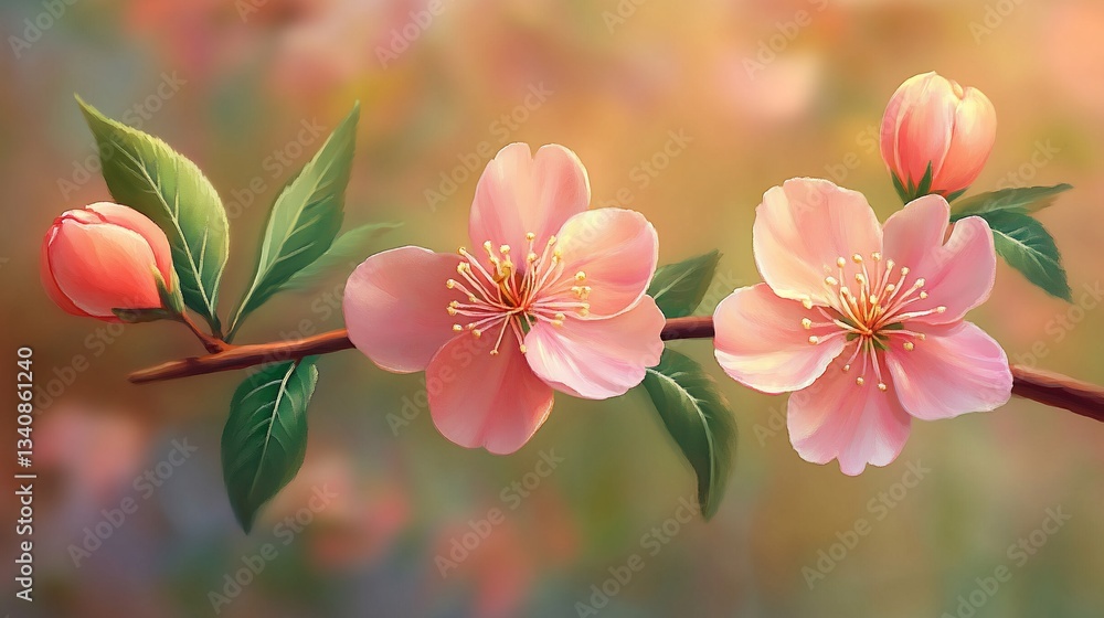 Delicate pink blossoms on a branch with soft background hues. Delicate pink blossoms on a branch with soft background hues.
