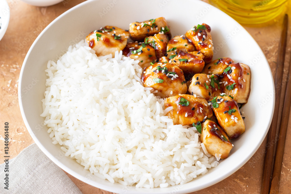 Chicken in teriyaki sauce with rice. Asian food. Healthy eating.