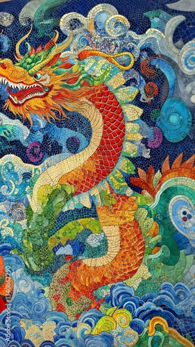 Wallpaper Mural Colorful dragon mosaic artwork depicting mythical creature among vibrant waves and clouds Torontodigital.ca