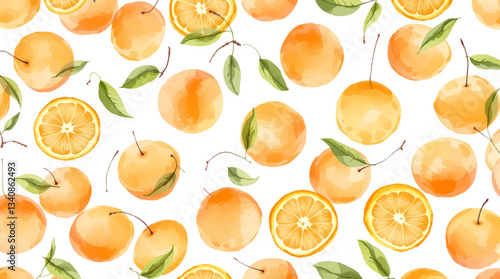 Seamless watercolor pattern of hand drawn orange on a white background