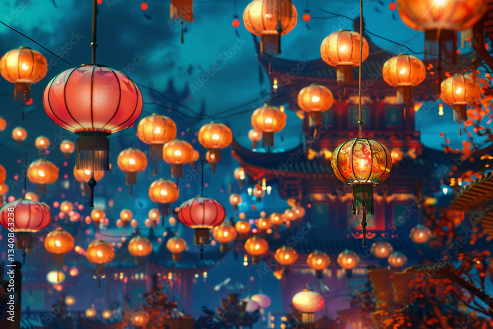 Obraz premium Beautiful holiday composition for happy celebrate chinese festival of lanterns, abstract vivid composition consists of fictional unreal fantastic vision on background