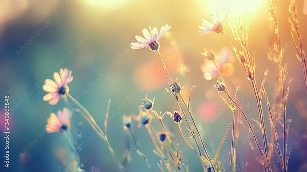 Obraz premium Golden Hour Meadow: Serene Sunset Wildflowers