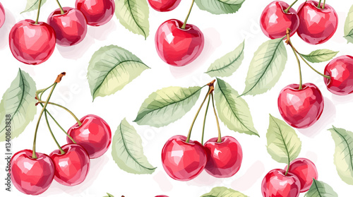 Watercolor red cherries on white background seamless vector pattern