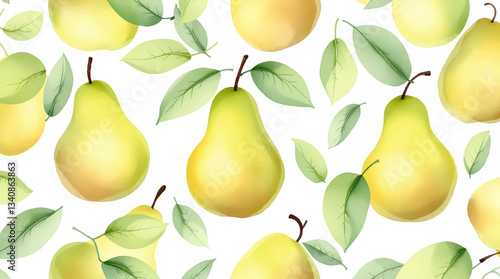 Watercolor green pears and leaves seamless pattern on a white background.