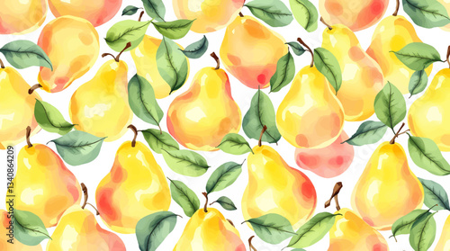 Watercolor green pears and leaves seamless pattern on a white background.