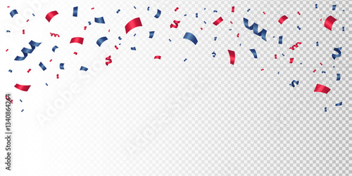 Banner with falling blue and red confetti, tinsel. Festive background with shimmering decorations. Shiny paper cuts. For celebrations, holidays, 4th of july, independence day and promotions