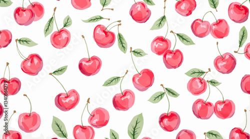 Watercolor red cherries on white background seamless vector pattern